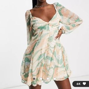 ASOS metallic textured godet mini skater dress with strappy back in swirly print